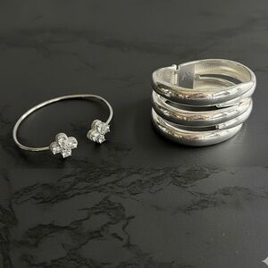 Bracelet Bundle Silver Tone Cuff and Rhinestone flower